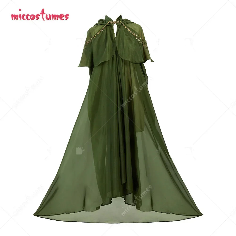 Full length view of a green hooded cape with gold trim on a mannequin