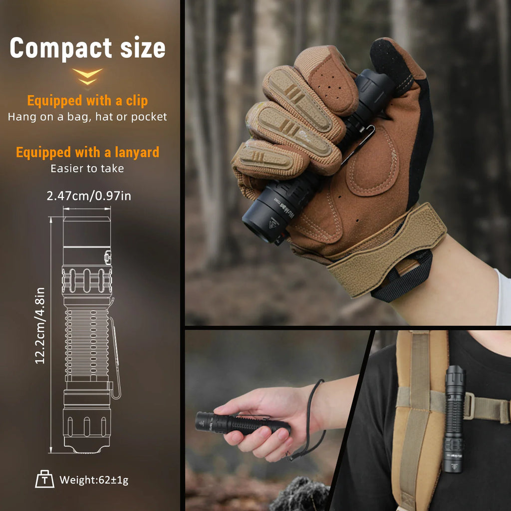 A compact tactical flashlight with a belt clip and lanyard, shown attached to a bag strap and held in hand
