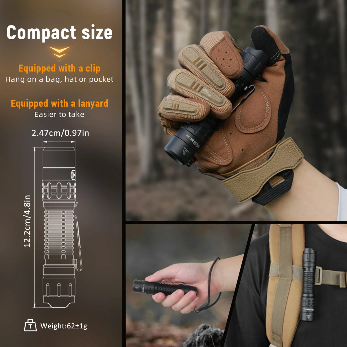 A compact tactical flashlight with a belt clip and lanyard, shown attached to a bag strap and held in hand