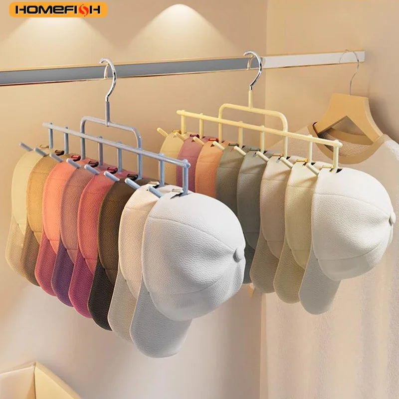 Multi-hook hanger used as a cap organizer in a closet