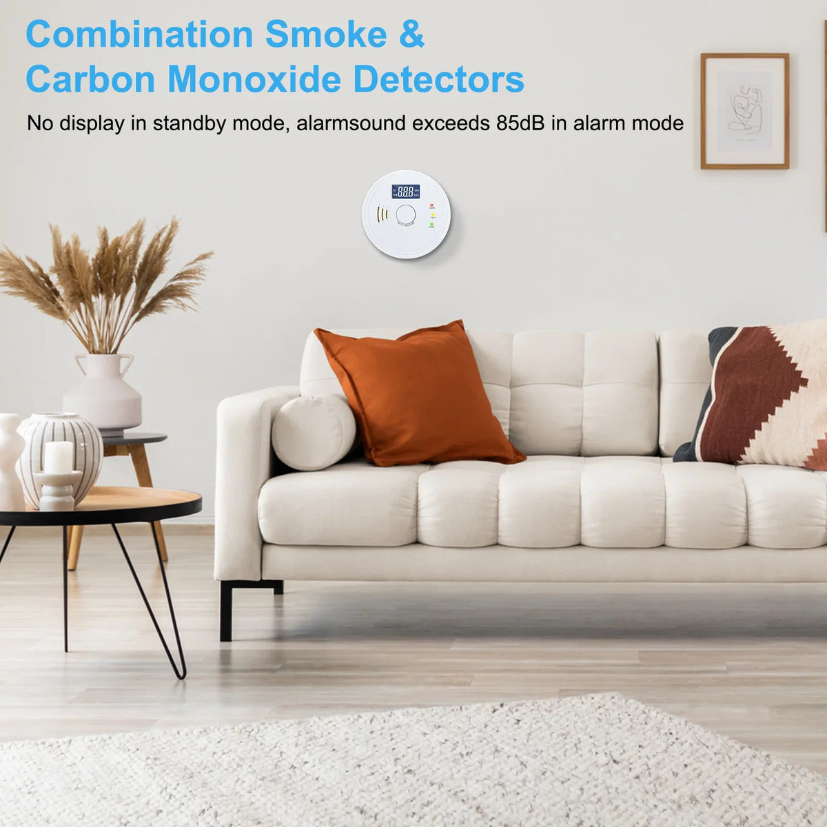 White smoke and carbon monoxide detector mounted in a modern living room