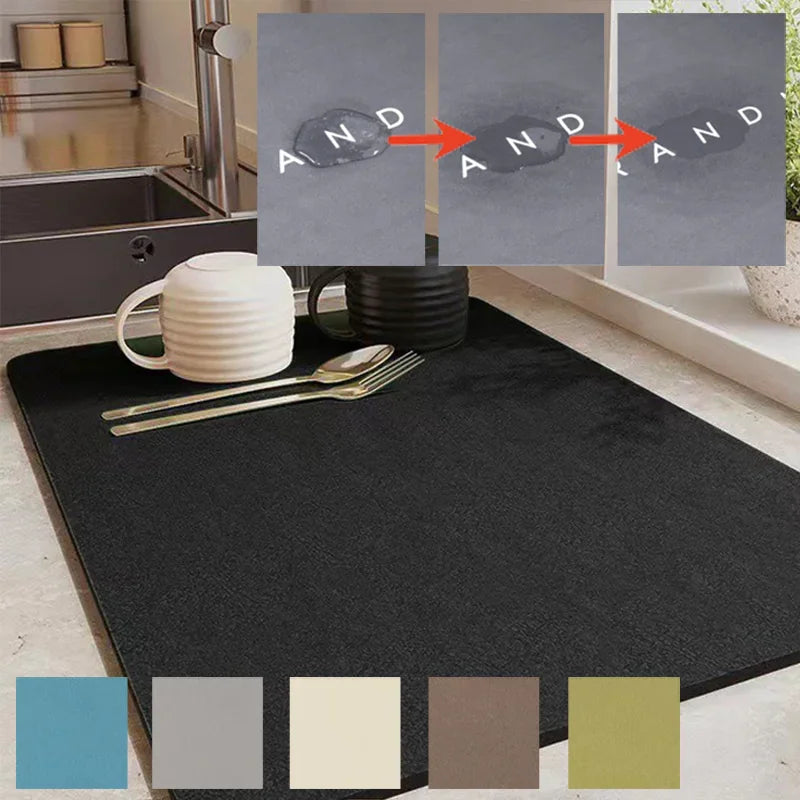 Absorbent kitchen draining mat in multiple colors showing water resistance with cups and cutlery on top.