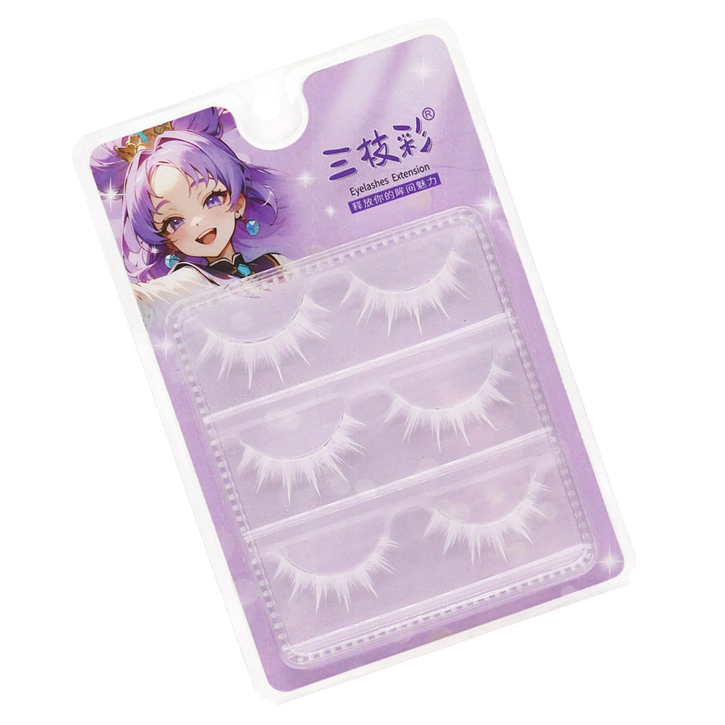 Three pairs of white false eyelashes in purple character-themed packaging, tilted