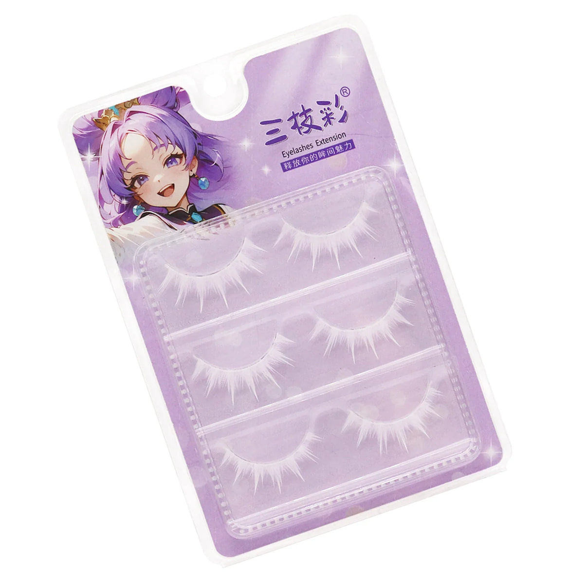 Three pairs of white false eyelashes in purple character-themed packaging, tilted