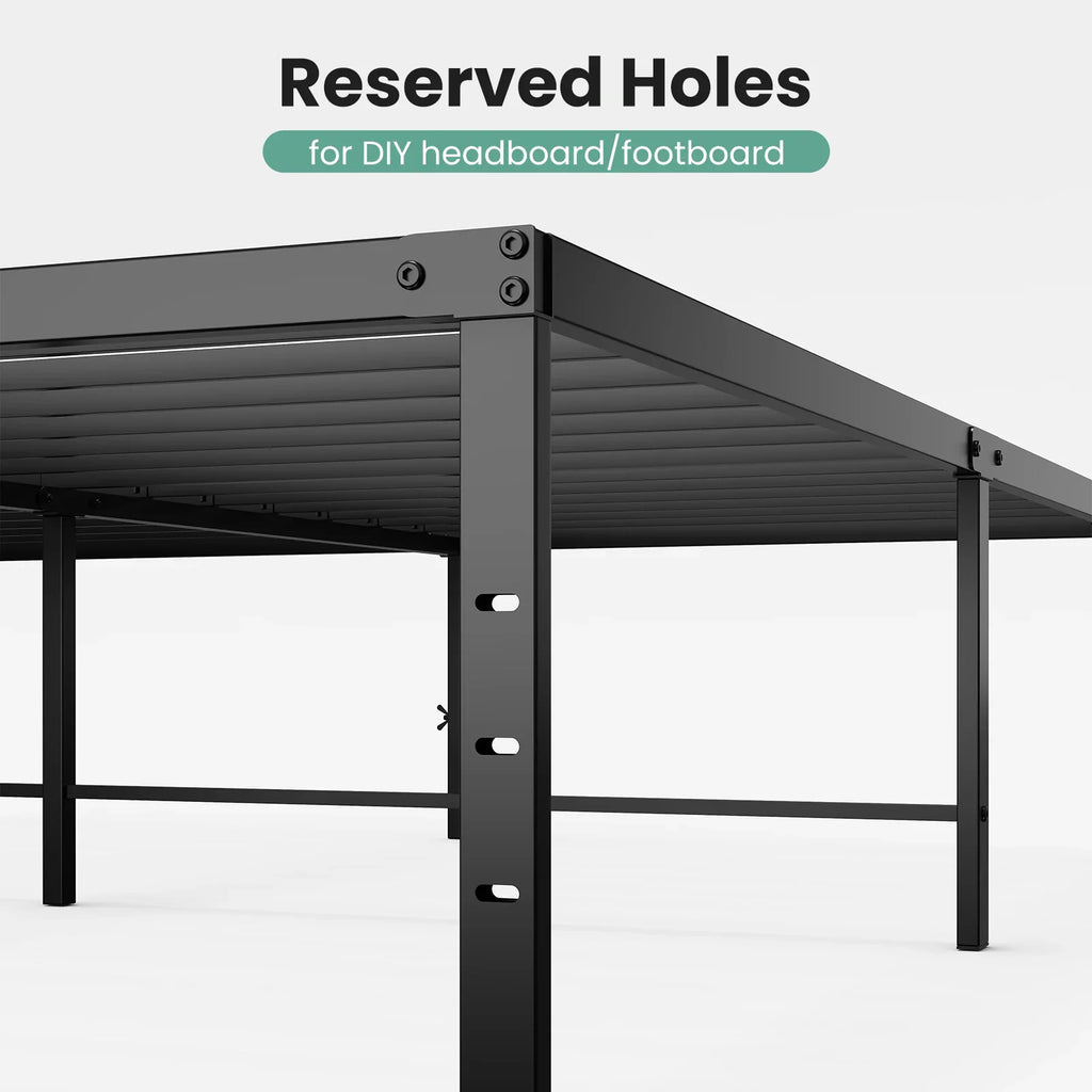 Close up of metal bed frame legs with pre-drilled holes for attaching a headboard