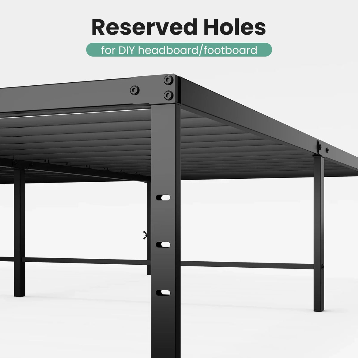 Close up of metal bed frame legs with pre-drilled holes for attaching a headboard