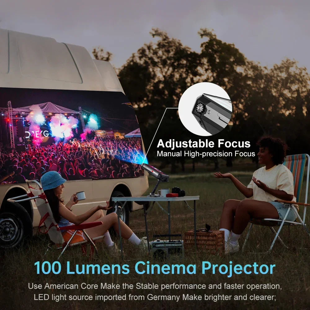 Rugged smartphone used as a portable projector showing a concert scene outdoors at night near a camper.