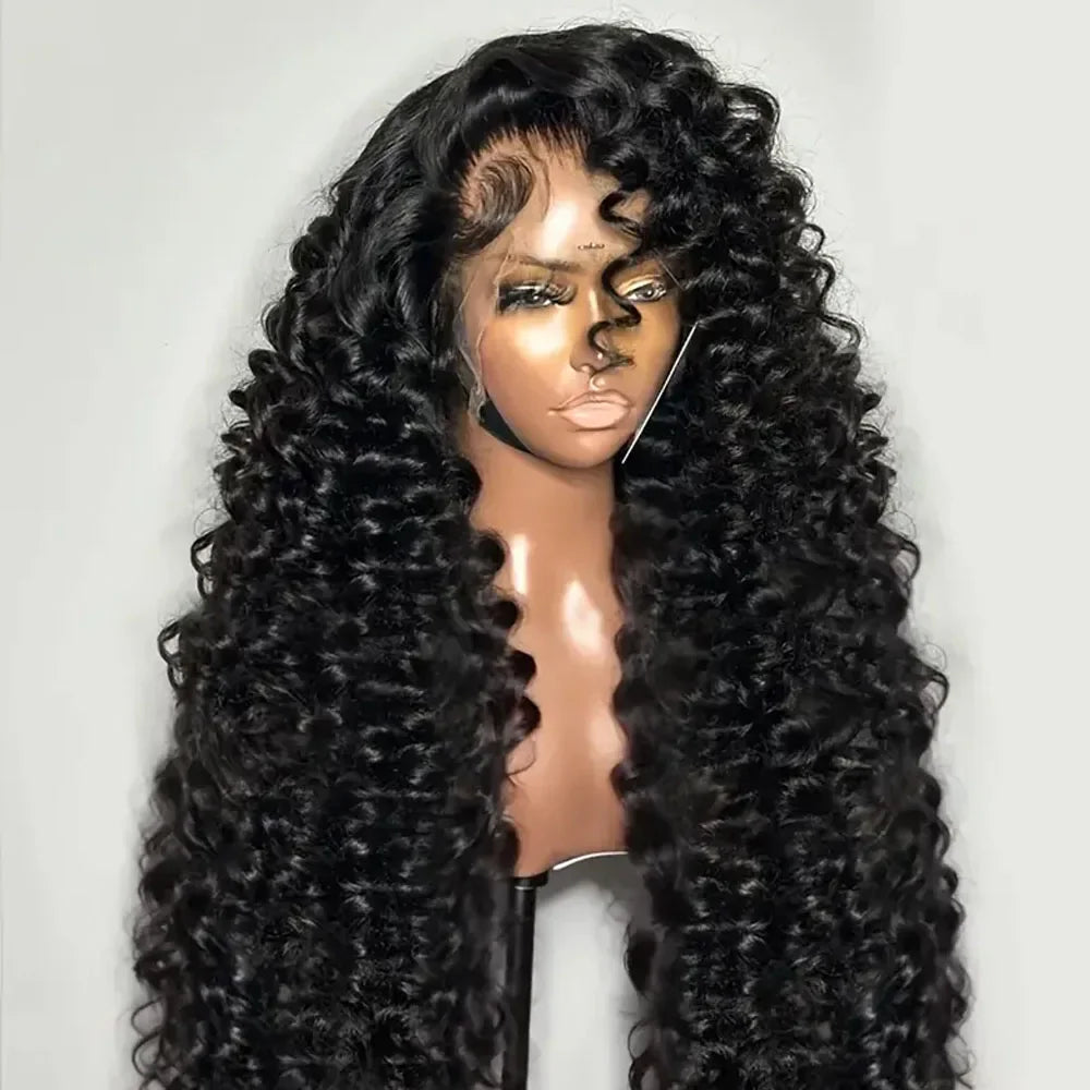 Long black curly human hair lace front wig on a mannequin head