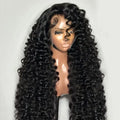 Long black curly human hair lace front wig on a mannequin head
