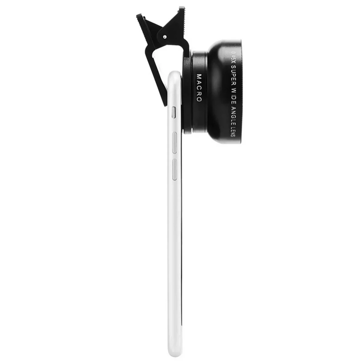 A profile view of a smartphone with a black clip-on camera lens attached.