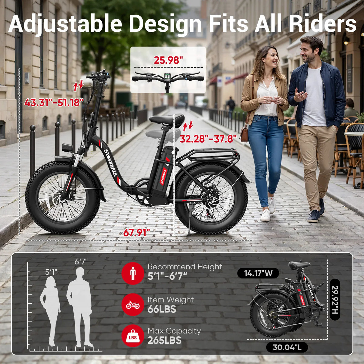 Black folding electric bike with height and length measurements, indicating recommended rider height and weight capacity.