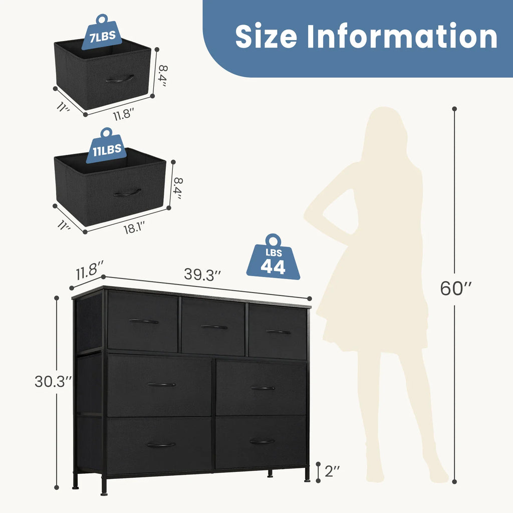 Size information diagram showing the dimensions and load capacity of the seven-drawer dresser.