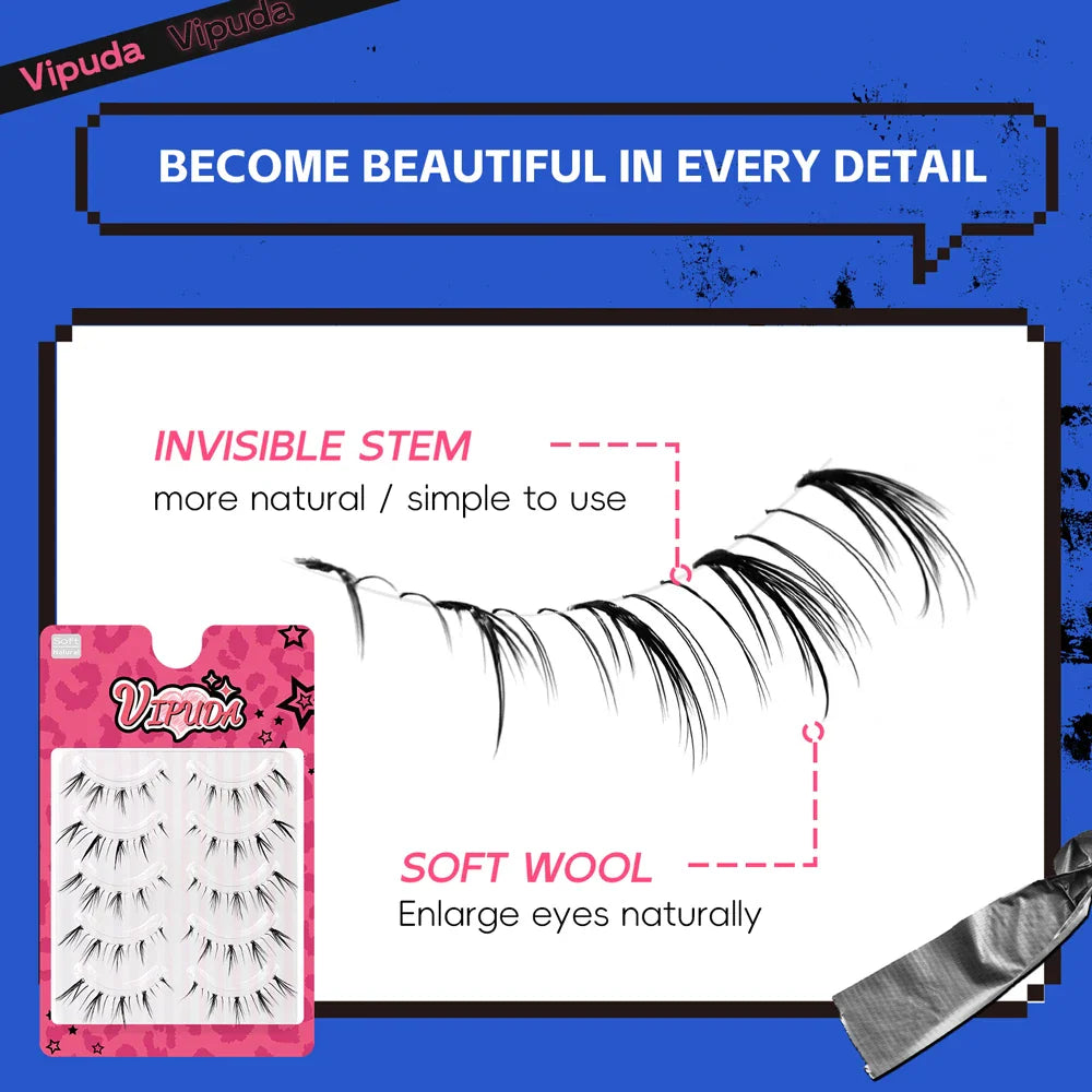 Lower false eyelashes with descriptive text highlighting the invisible stem and soft material