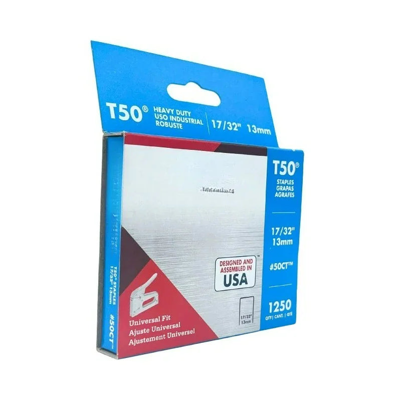 Angled view of a box of T50 13mm heavy duty staples