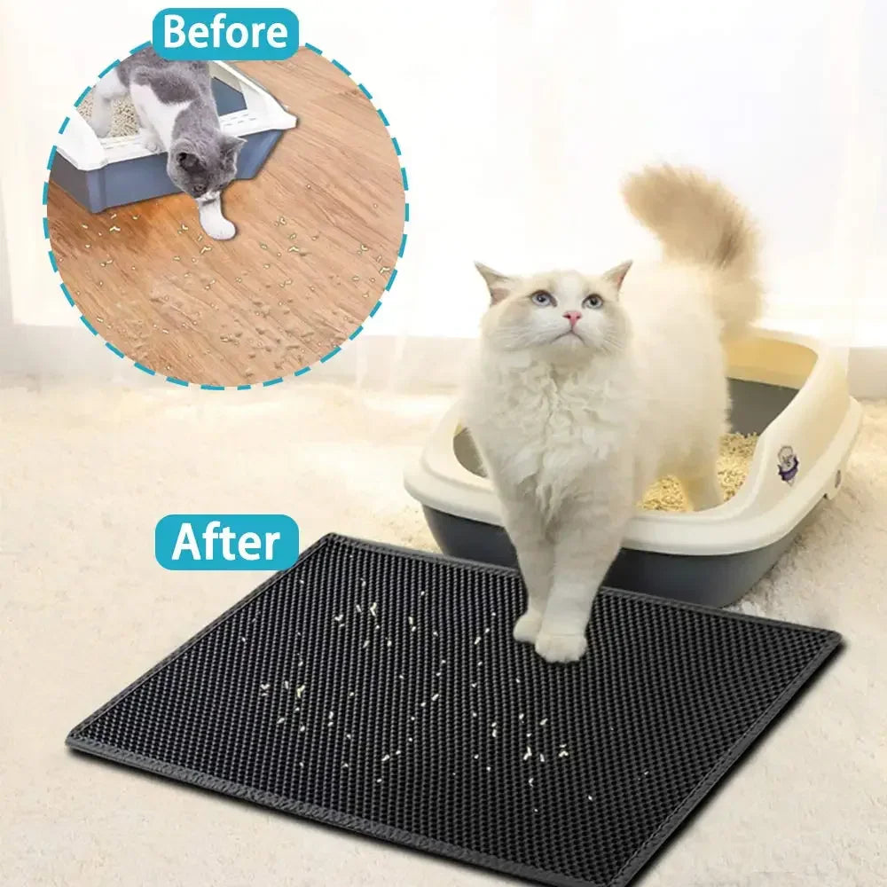 Before and after comparison of floor cleanliness with a cat standing on a black honeycomb cat litter mat.