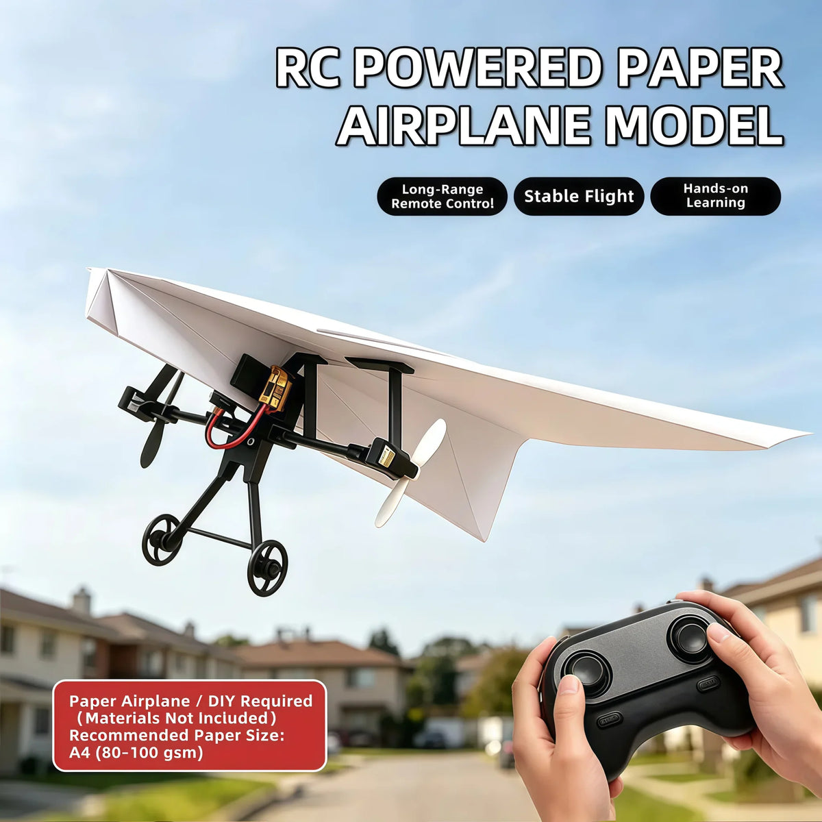 RC powered paper airplane model flying in a neighborhood