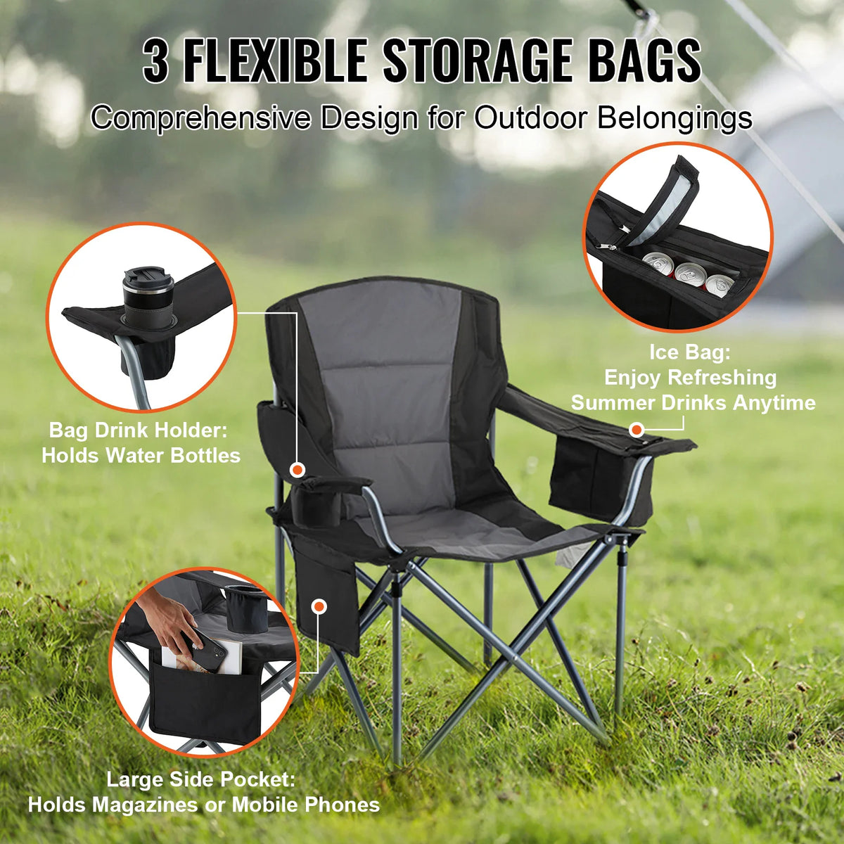 Folding camping chair showing various integrated storage pockets and drink holders