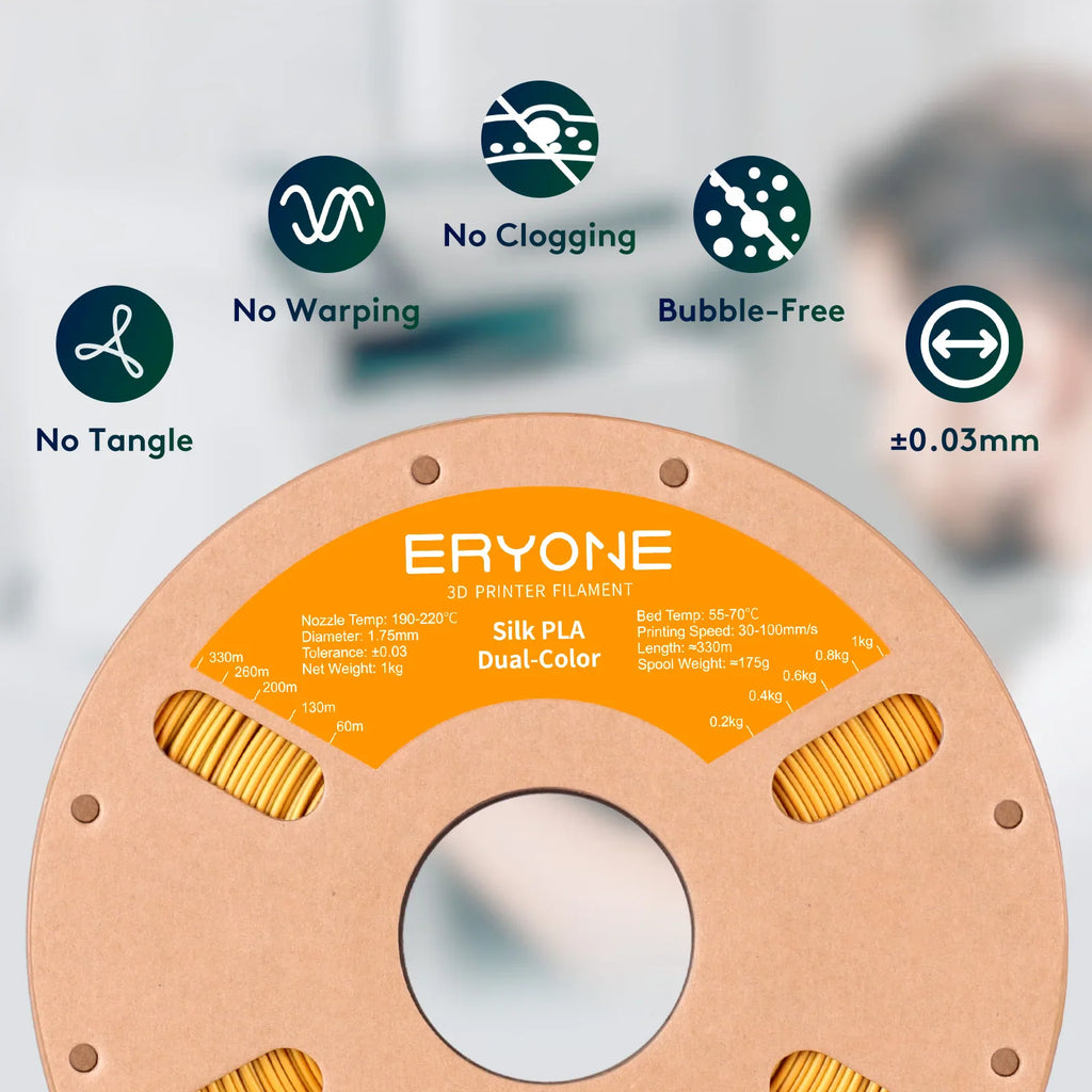 3D printer filament spool features guide highlighting no clogging, no warping, and no tangle properties