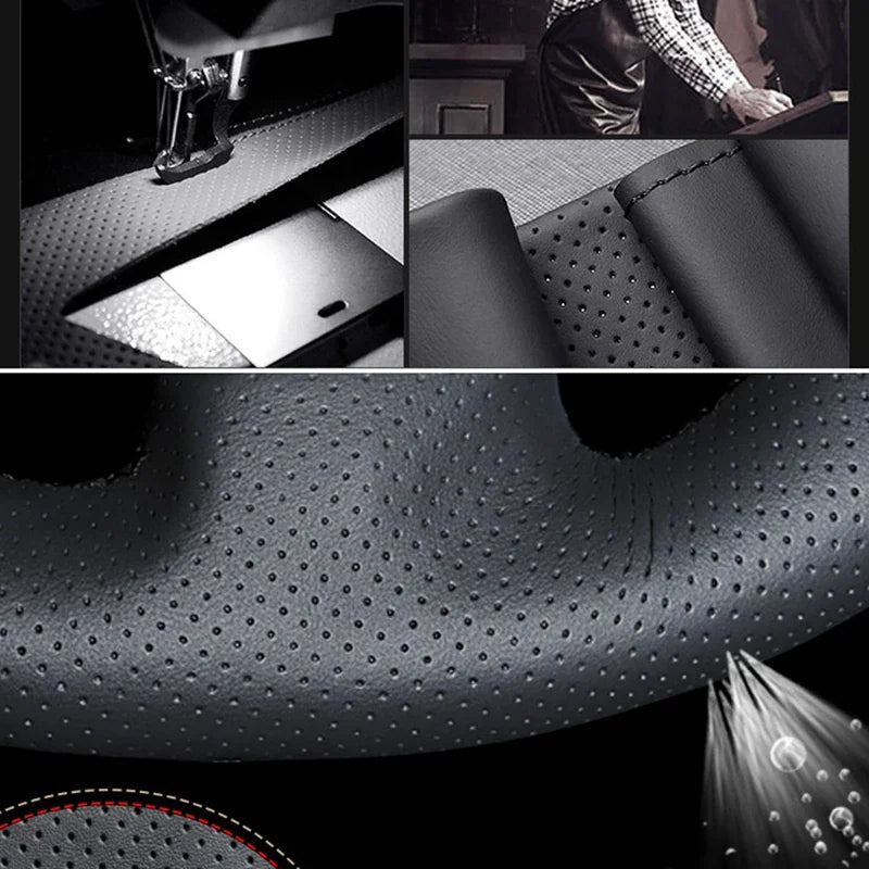 Manufacturing details of black perforated leather steering wheel cover material