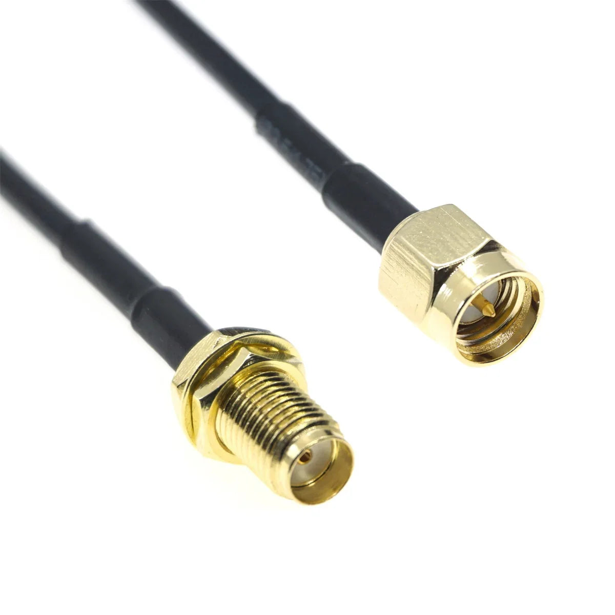 Close up of gold SMA male and bulkhead female connectors on black coaxial cable