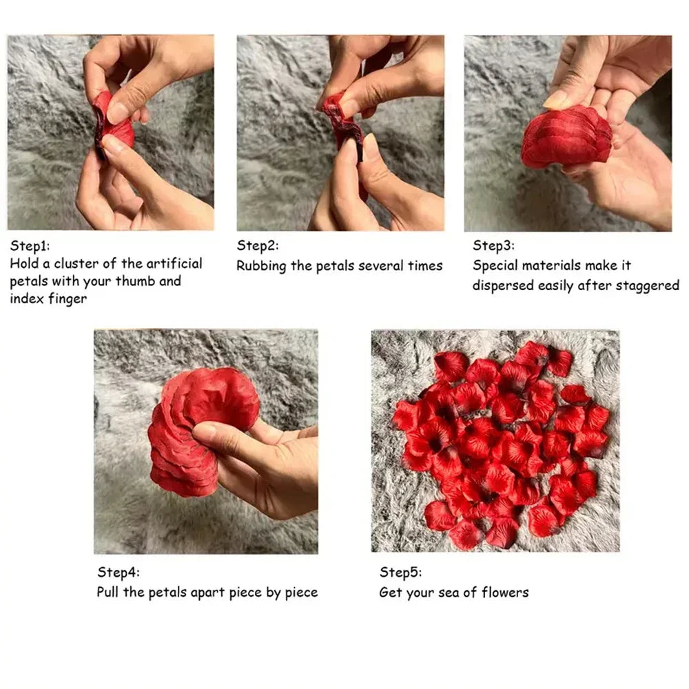 Step-by-step instructional guide on how to separate and use artificial red rose petals.