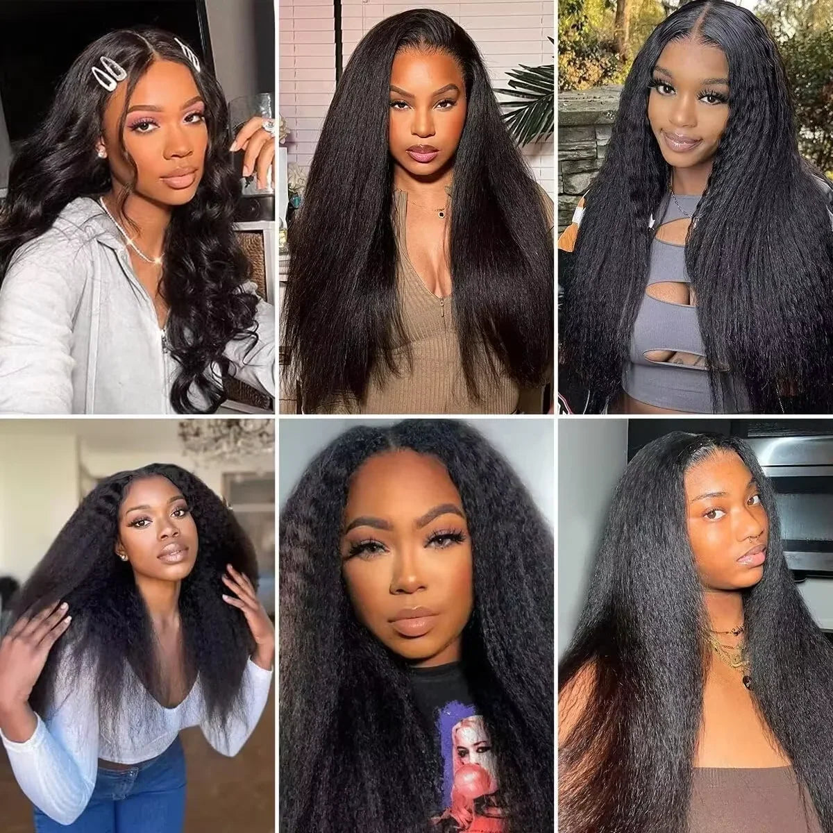 Six different views of women wearing straight black hair wigs.
