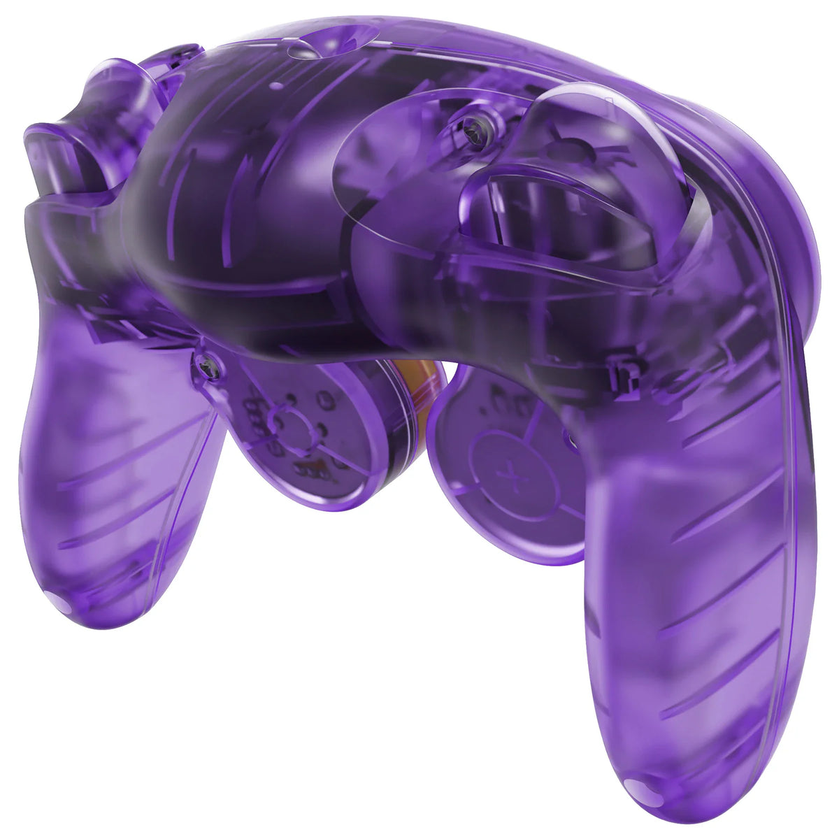 Transparent purple gaming controller replacement shell viewed from the rear.