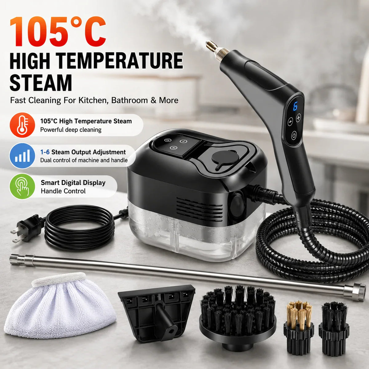 Handheld high temperature steam cleaner with various brush attachments for home and kitchen cleaning