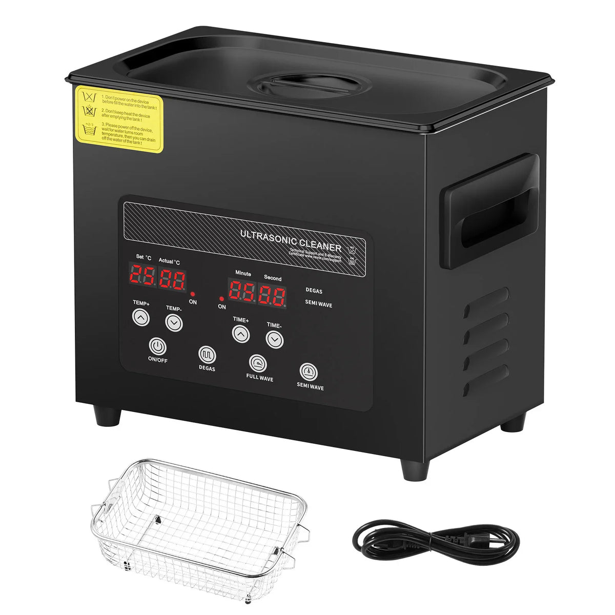 A black stainless steel ultrasonic cleaner device with its metal cleaning basket and power cord.