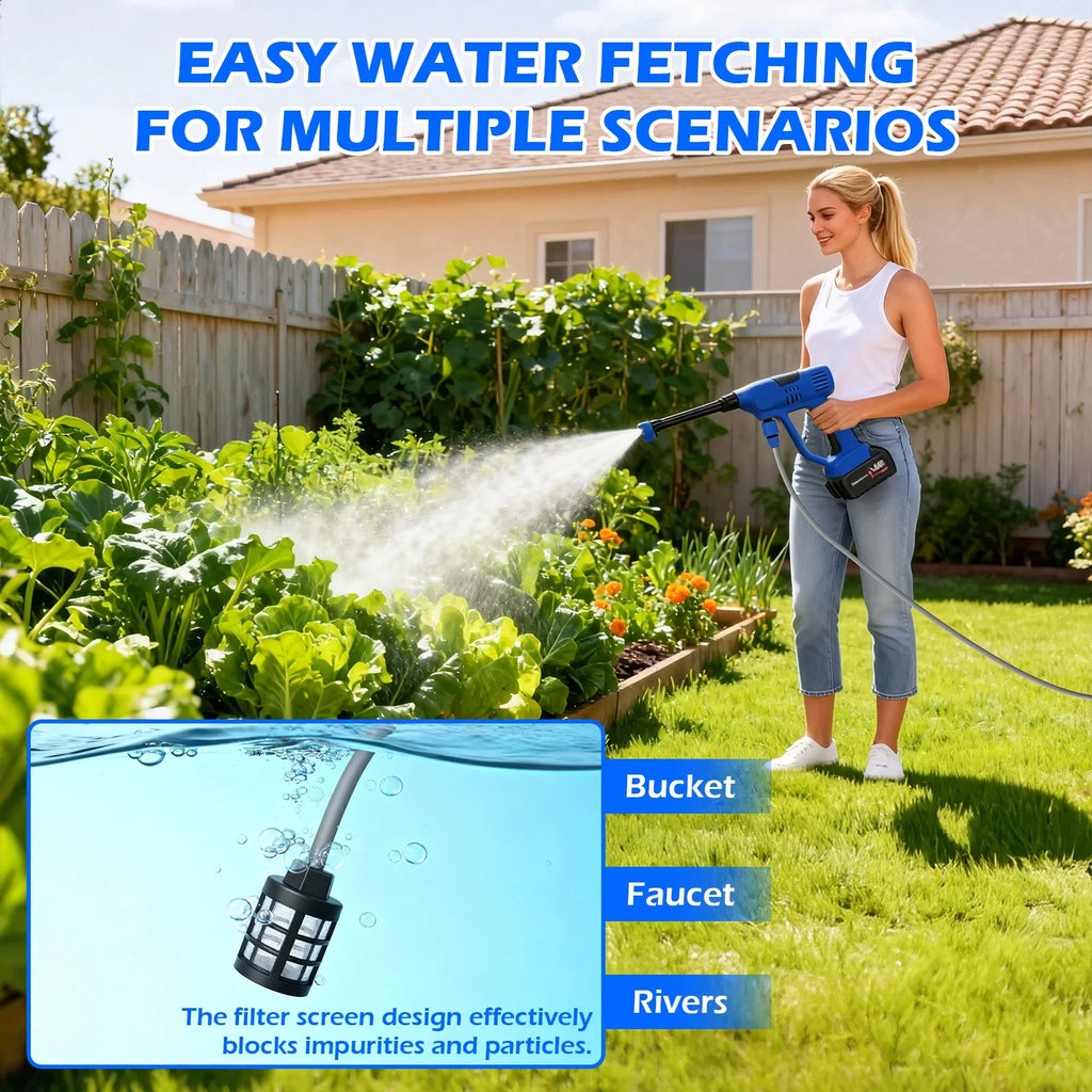 Woman using cordless power washer in garden with inset detail of water intake filter