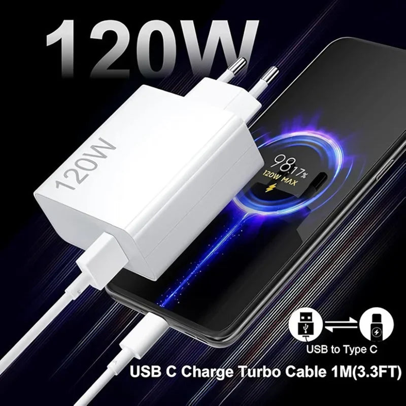 White 120W fast wall charger connected to a smartphone with a USB cable