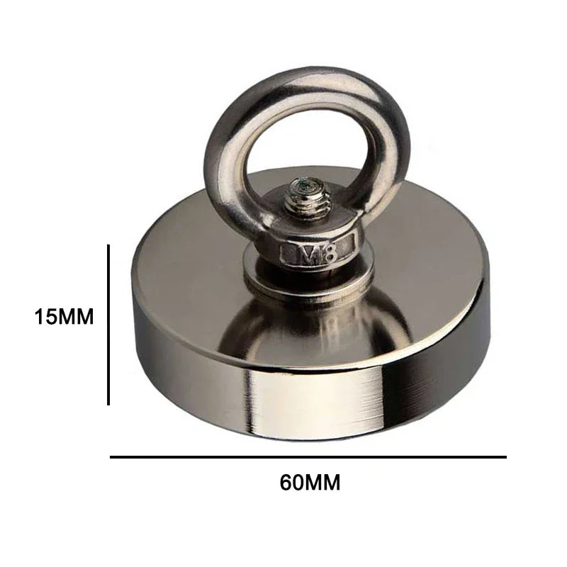 Round neodymium fishing magnet showing dimensions in millimeters.
