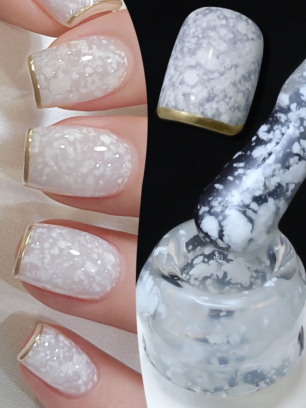 White eggshell effect gel nail polish with gold tips on nails, shown with a swatch sample