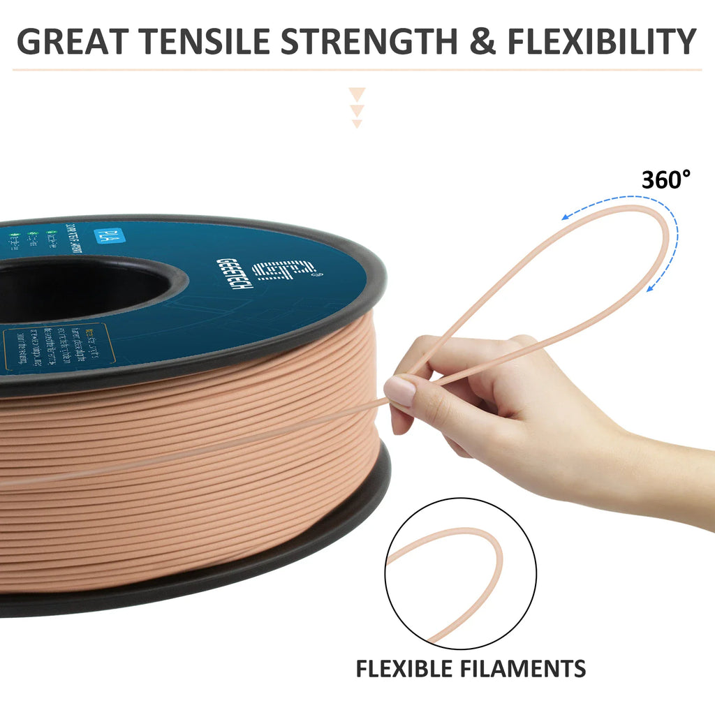 A hand holding a length of beige 3D printer filament to demonstrate its flexibility.