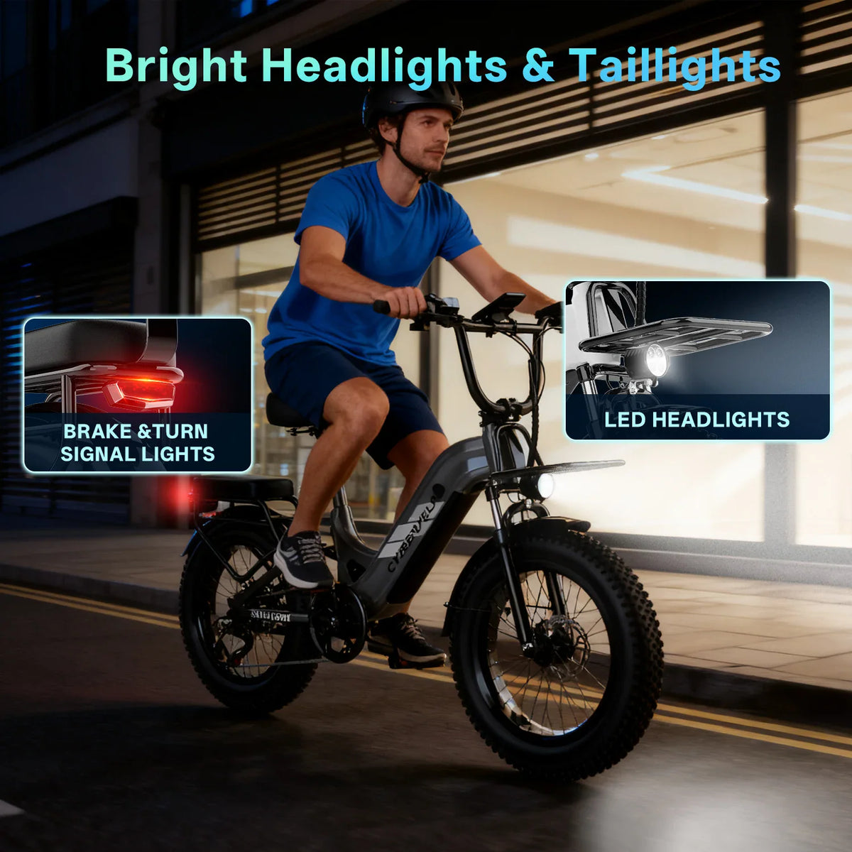 Electric bike with rider showing headlight and brake light features
