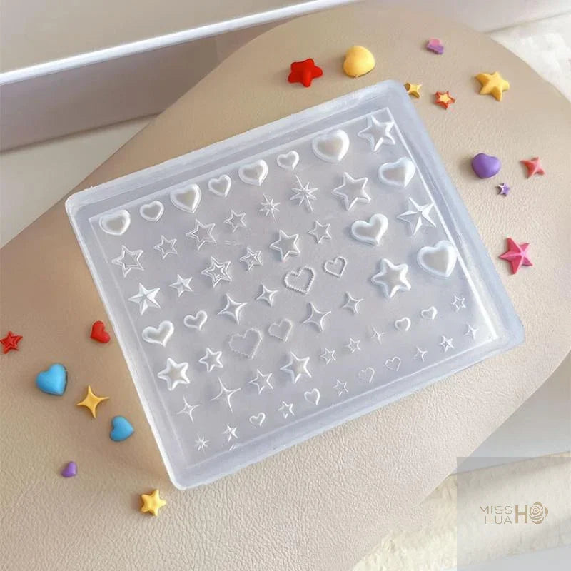 Transparent silicone mold for 3D heart and star nail art decorations with loose charms