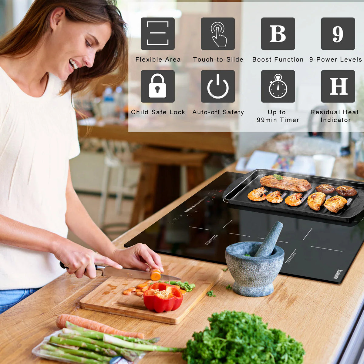 Woman cooking on an induction cooktop with feature icons overlaid.