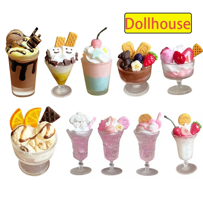 Set of miniature dollhouse ice cream and dessert cups with various toppings and decorations.