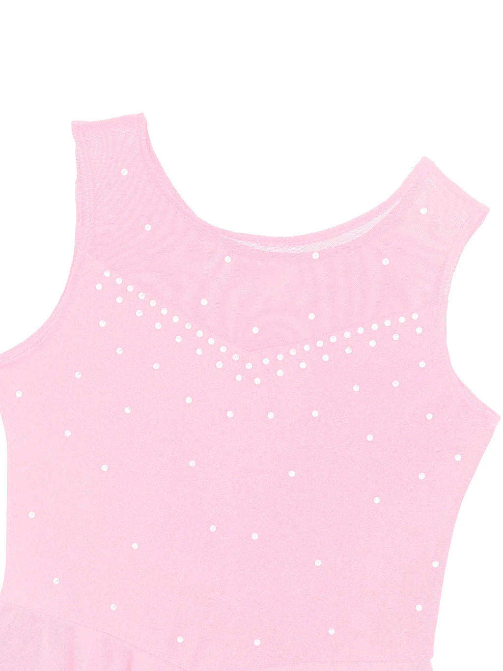 Close up of the bodice of a pink sleeveless ballet leotard with rhinestones