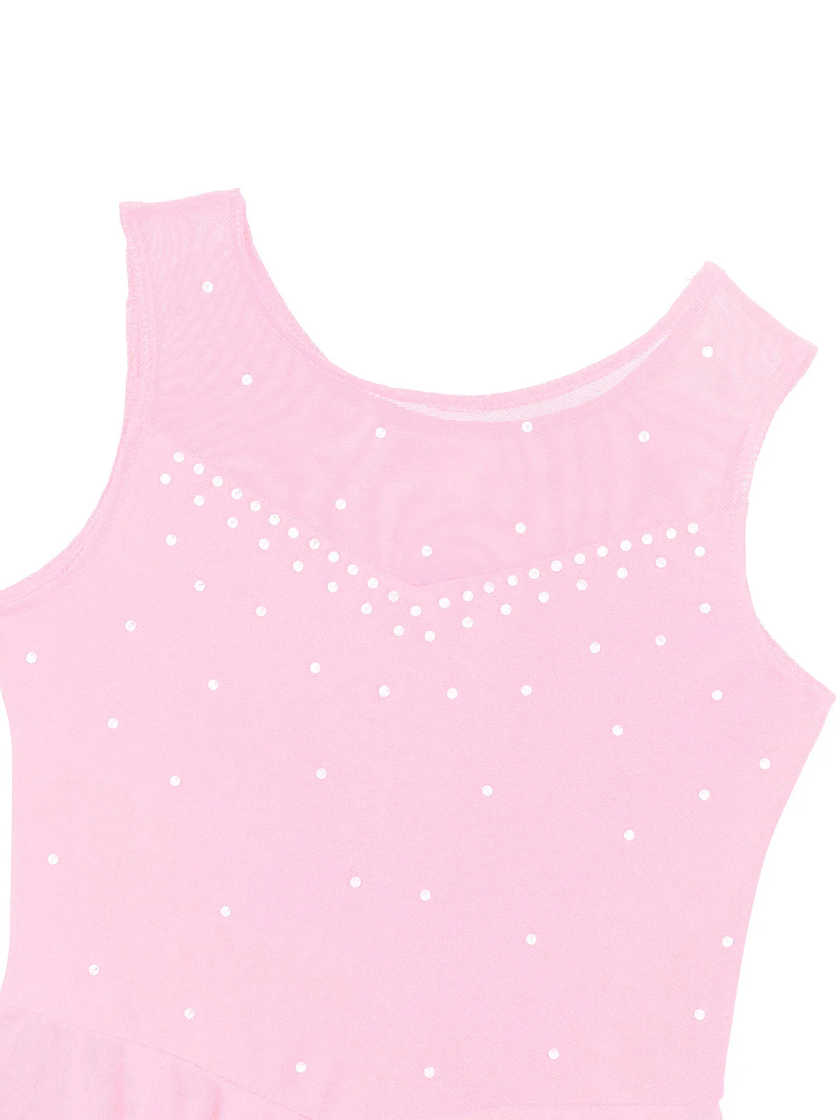 Close up of the bodice of a pink sleeveless ballet leotard with rhinestones