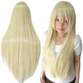 Long straight blonde cosplay wig with bangs, displayed on a model and from the back