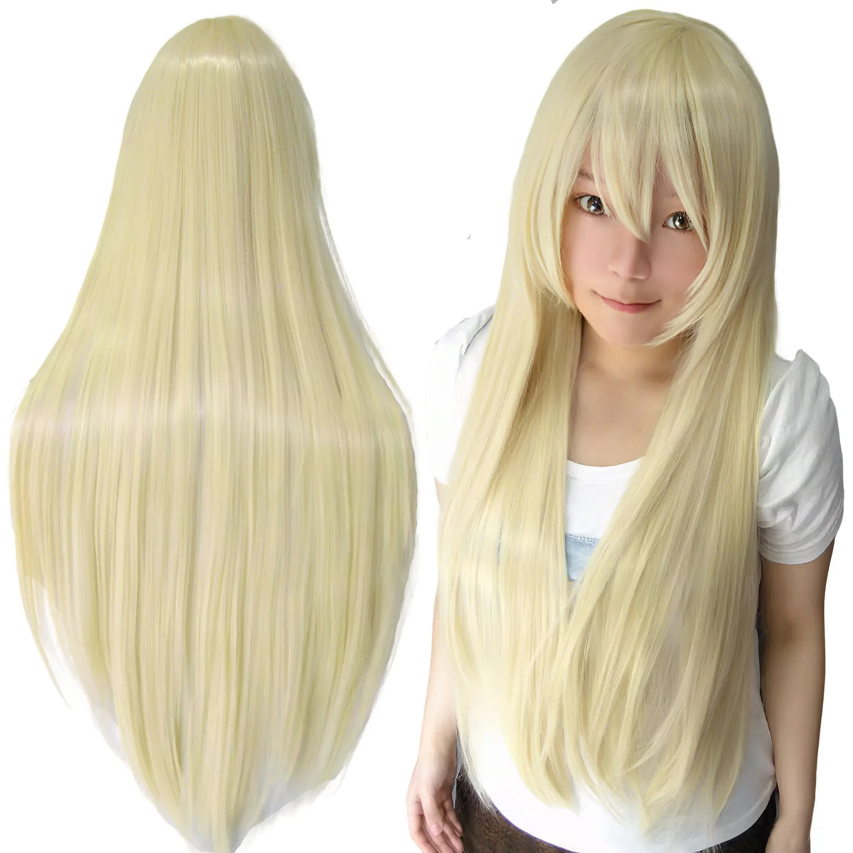 Long straight blonde cosplay wig with bangs, displayed on a model and from the back