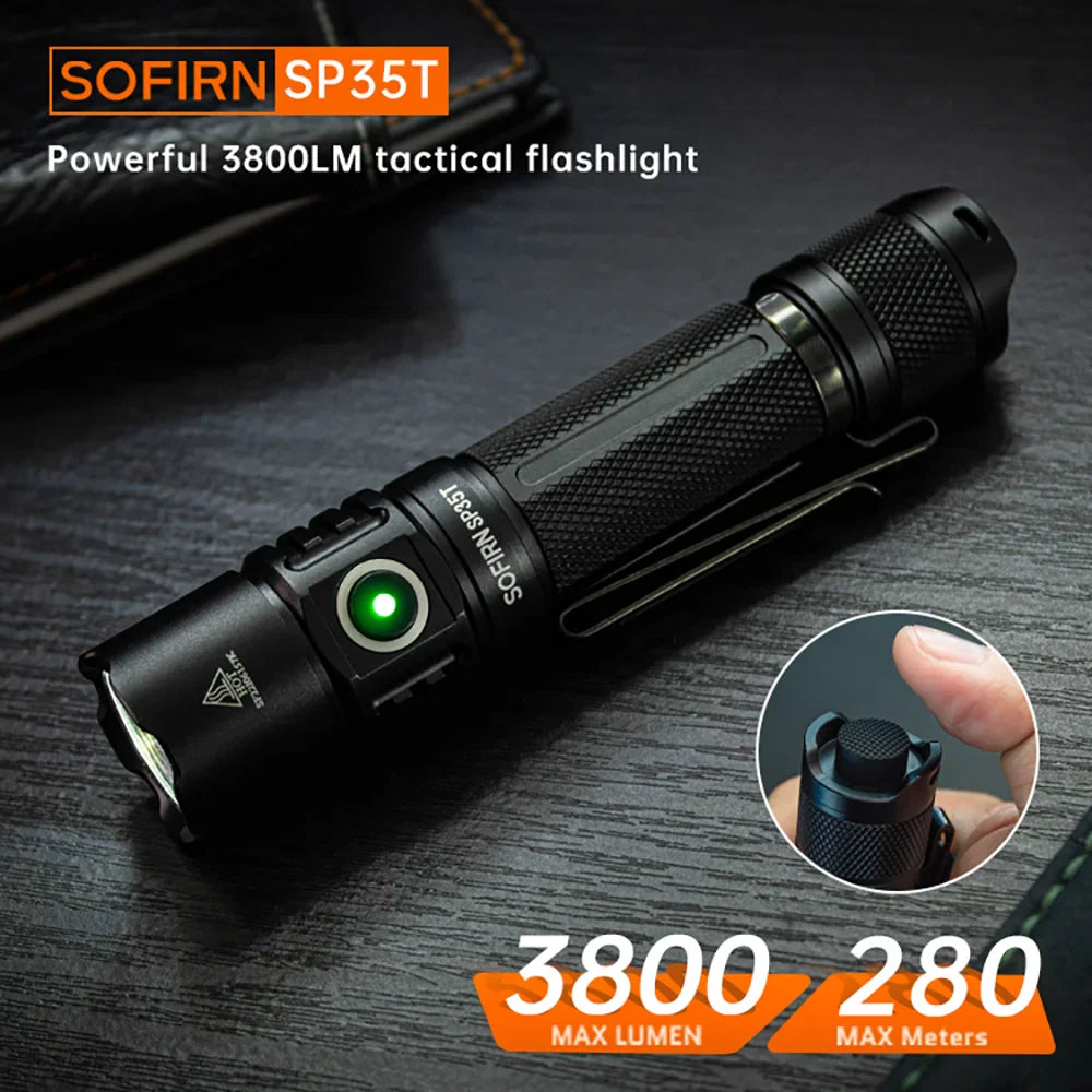 Black tactical LED flashlight on dark background with technical specifications overlay
