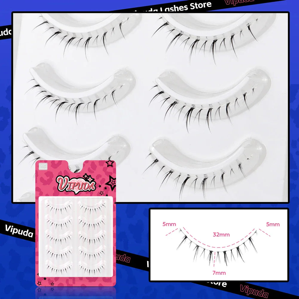 A tray of lower eyelashes with a detailed sizing chart overlay