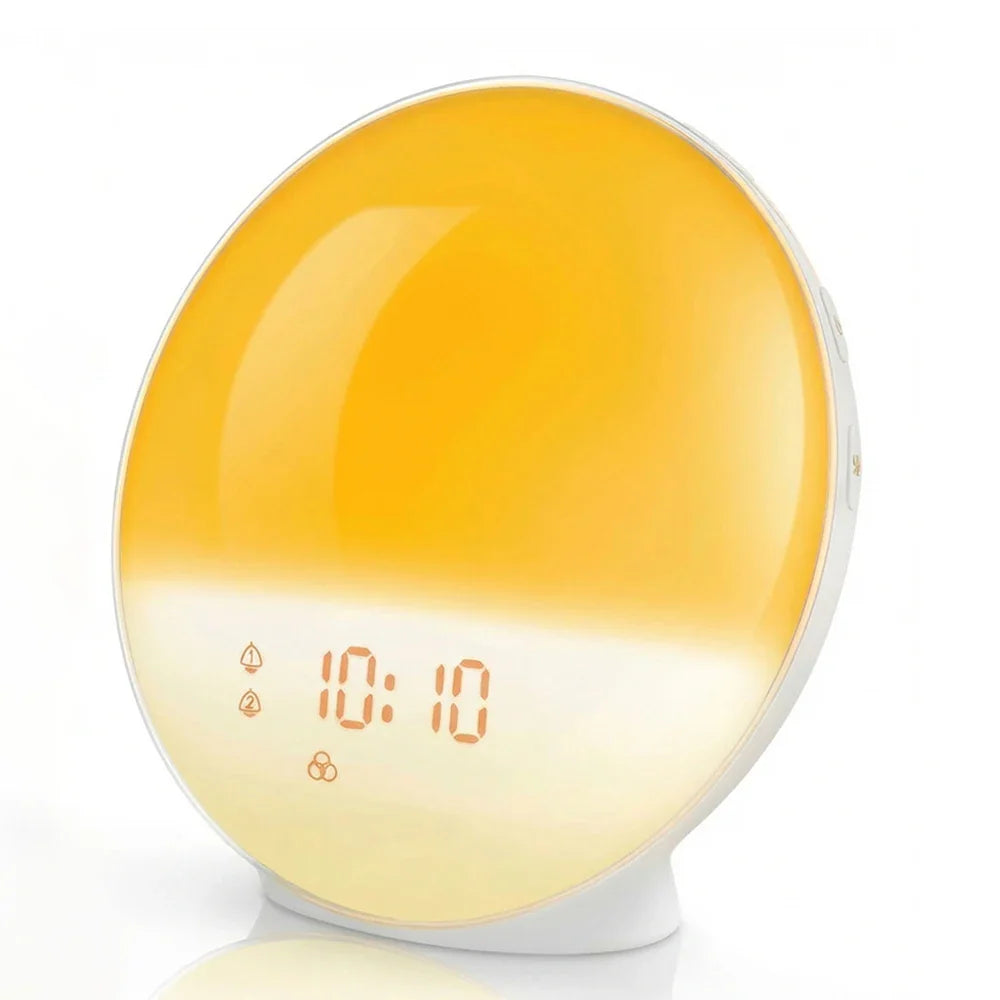 Round sunrise simulation wake-up light alarm clock with digital display