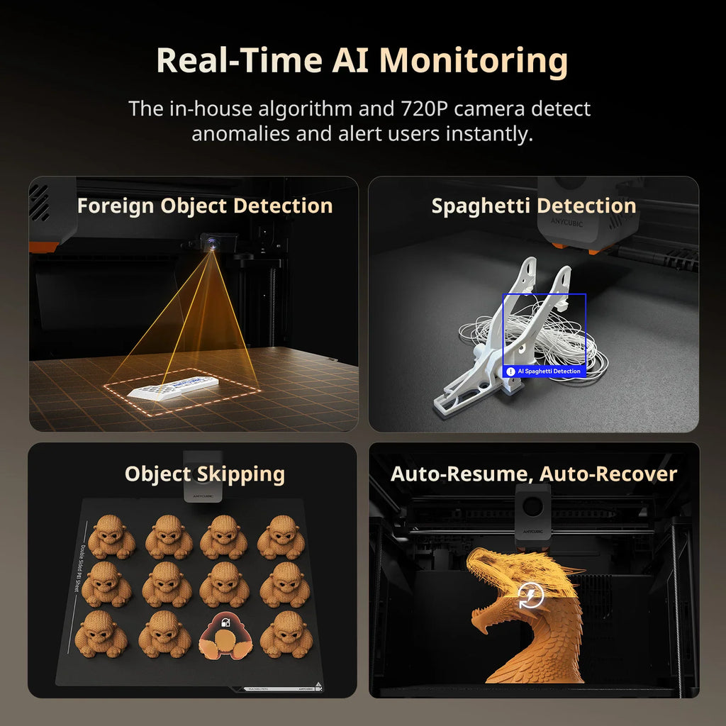 Features display of a 3D printer showing AI monitoring, object detection, and recovery functions.