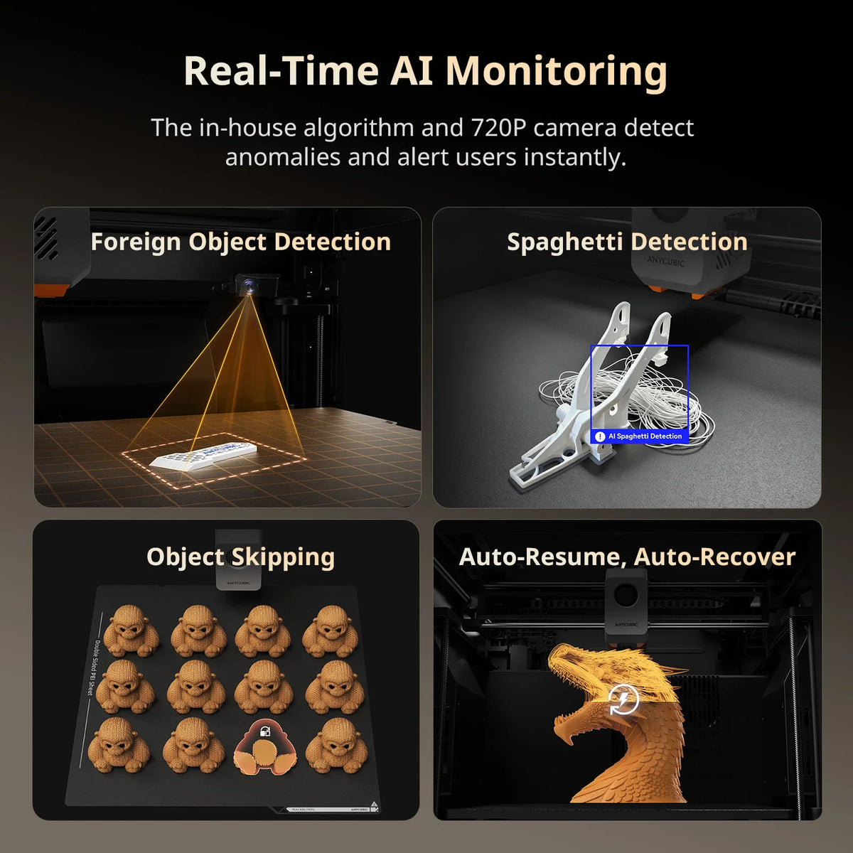 Features display of a 3D printer showing AI monitoring, object detection, and recovery functions.