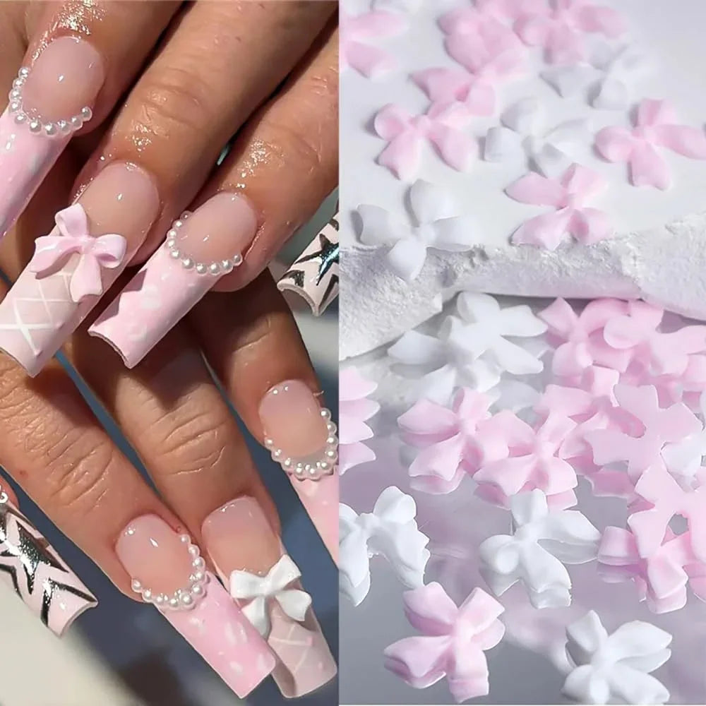 A split photo showing manicured nails with bow charms and a close-up of pink and white bow nail art decorations