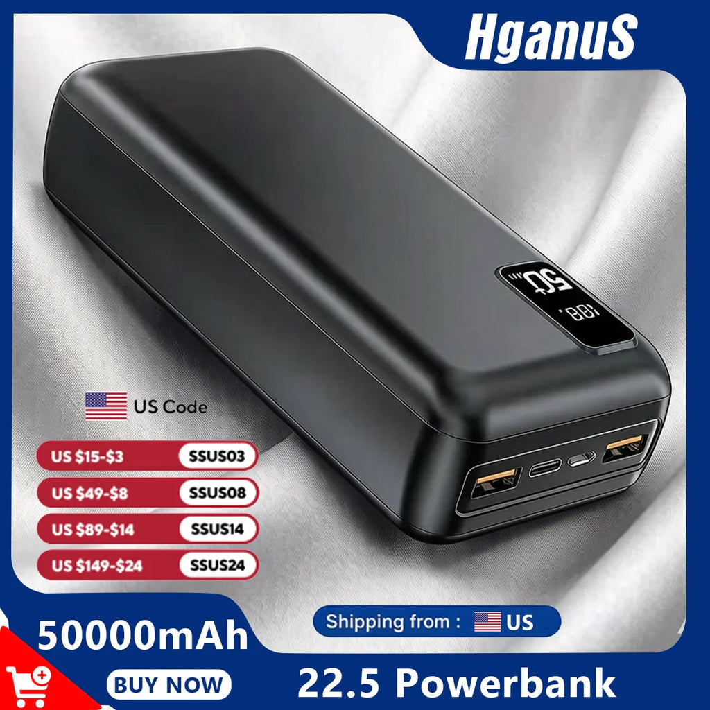 Black 50000mAh portable power bank with multiple USB ports and LED display