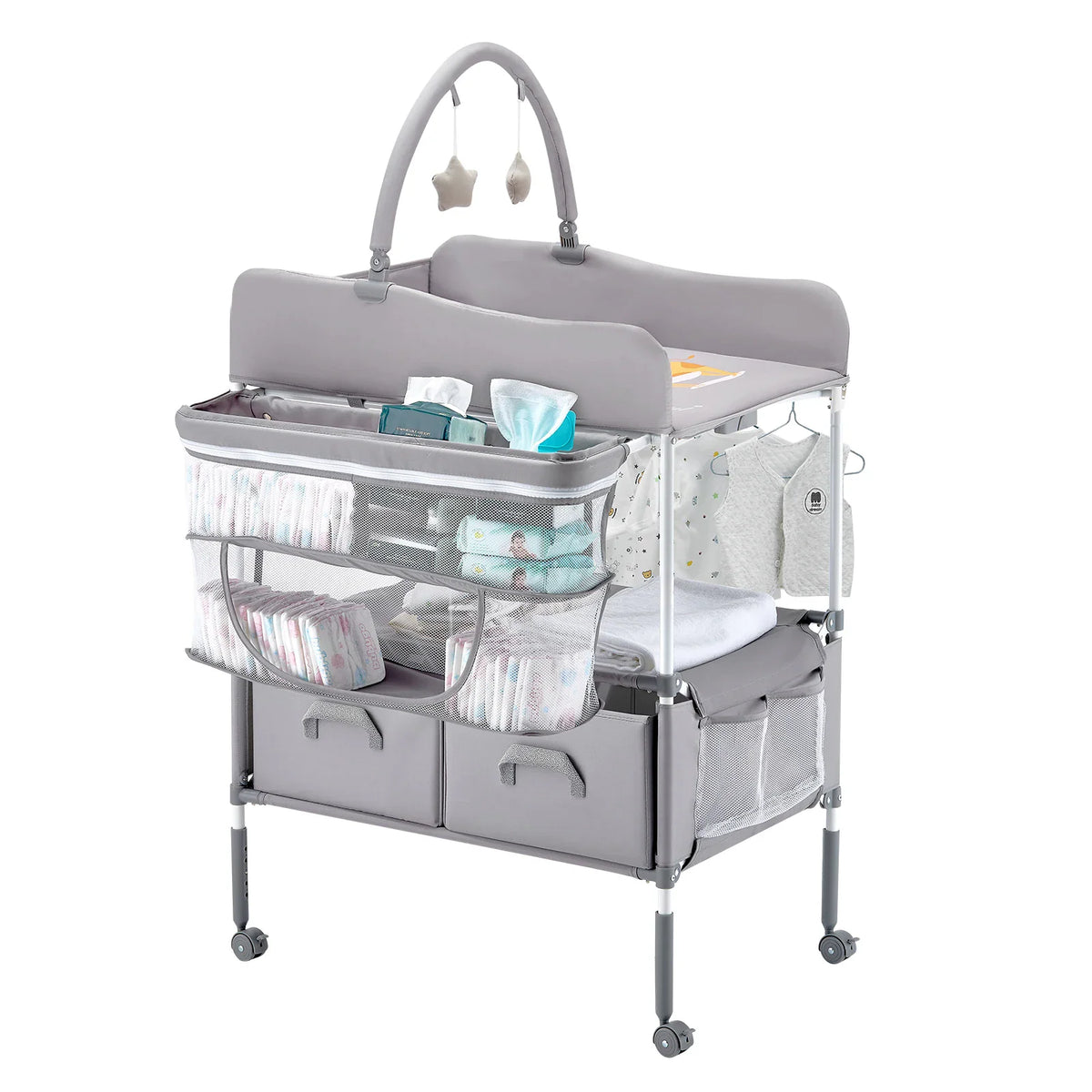 Grey foldable baby changing table with side basket, storage shelves, clothes rack and star mobile